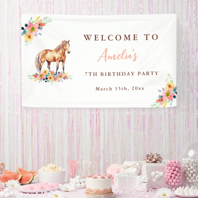 Horse Birthday Party Watercolor Floral Pony Banner (Creator Uploaded)