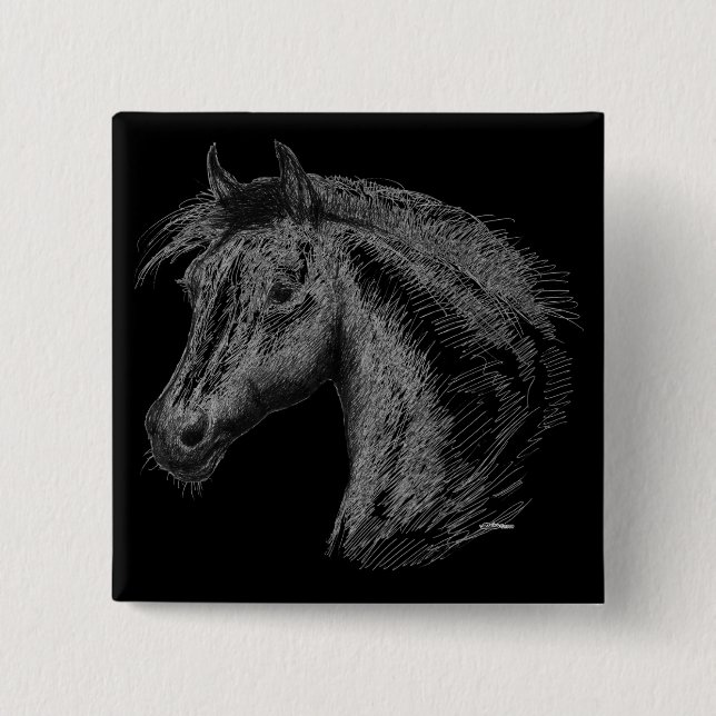 Horse:  Black 2 Inch Square Button (Front)