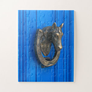 Horse Brass on Blue   Vintage Door Knocker Art Jigsaw Puzzle