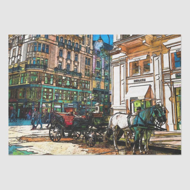 Horse & Buggy Carriage Downtown Decoupage Tissue Paper (Front)
