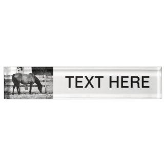 horse by fence black and white sketch nameplate