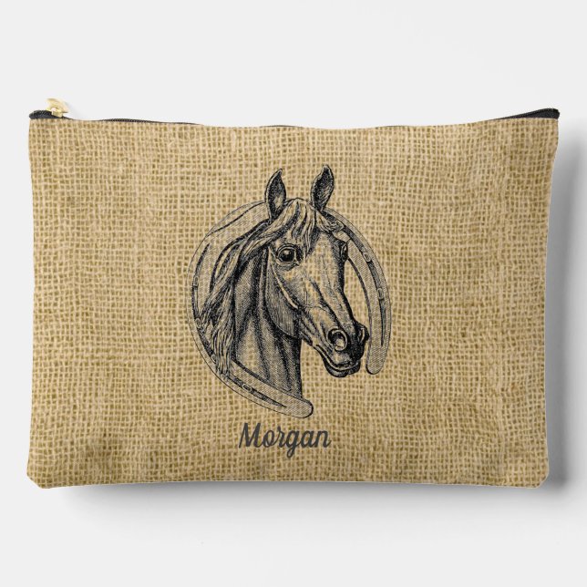 Horse Cameo on Burlap Personalized Accessory Pouch (Front)
