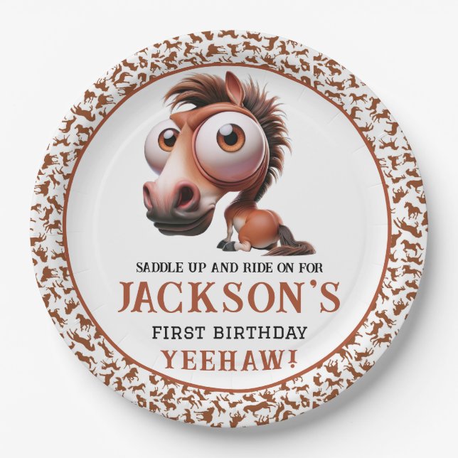 Horse Caricatures 1st Birthday Party Paper Plate (Front)
