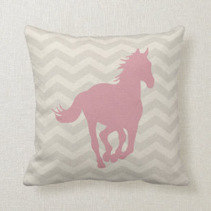 Horse Chevron Pattern Pink Grey Cream Throw Pillow