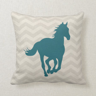 Horse Chevron Pattern Teal Green Grey Cream Throw Pillow