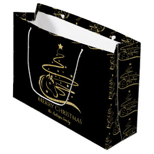 Horse Christmas tree Gold glitter Equestrian Large Gift Bag