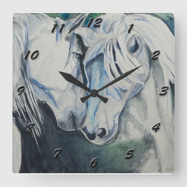 Horse Clock- Watercolor style Square Wall Clock (Front)