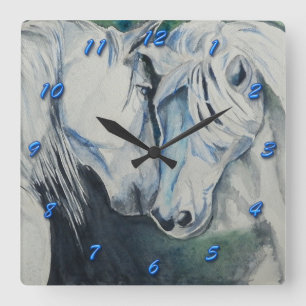 Horse Clock- Watercolor Style with Blue Numbers Square Wall Clock