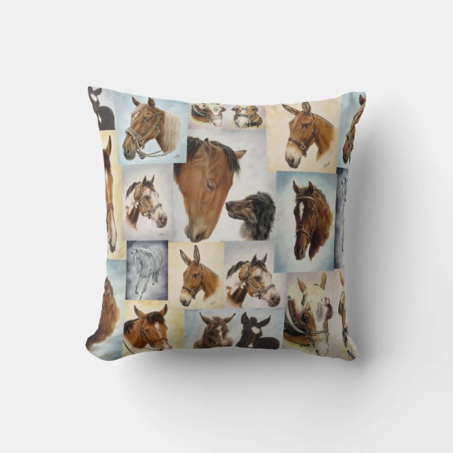 Horse Collage Throw Pillow (Front)