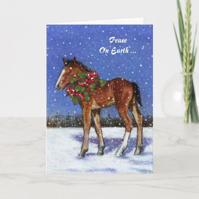 Horse, Colt in Snow With Christmas Holly: Peace Holiday Card (Front)