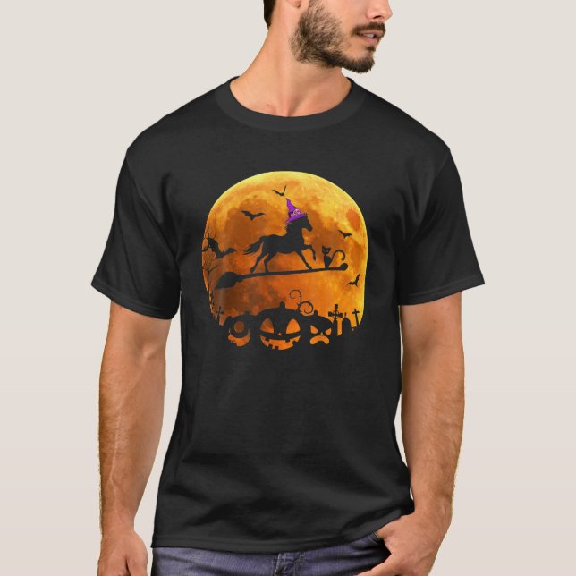 Horse Costume Witch Riding Broom Moon Halloween T-Shirt (Front)
