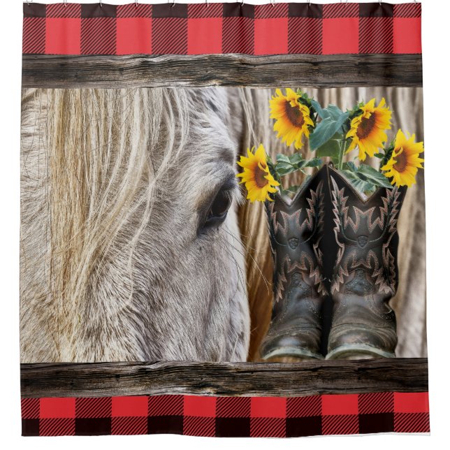 Horse Cowboy Boots Barn Board Red Plaid (Front)