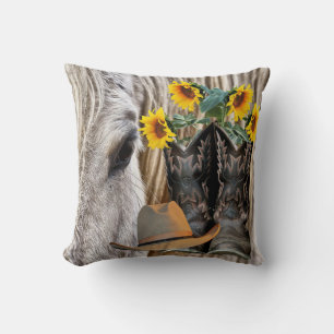 Horse Cowboy Boots Cowboy Hat Sunflowers Throw Pillow