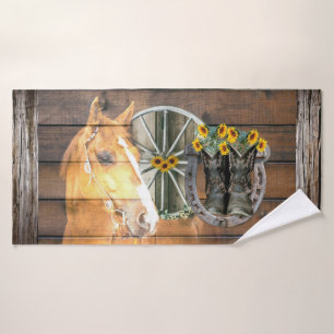 Horse Cowboy Boots Horseshoe Sunflowers Bath Towel Set