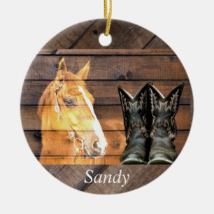 Horse Cowboy Boots Rustic Barn Board Ceramic Ornament