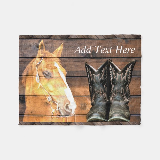 Horse Cowboy Boots Rustic Barn Board Fleece Blanket (Front (Horizontal))