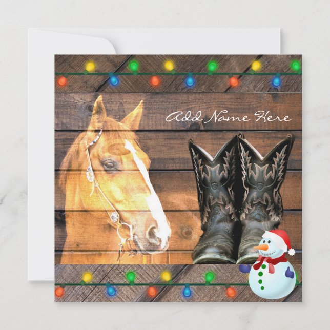 Horse Cowboy Boots Rustic Barn Board Holiday Card (Front)