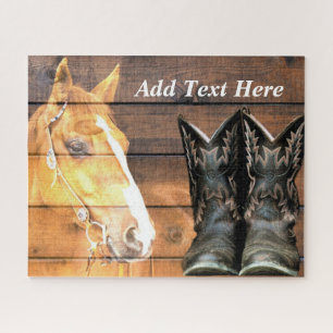 Horse Cowboy Boots Rustic Barn Board Jigsaw Puzzle