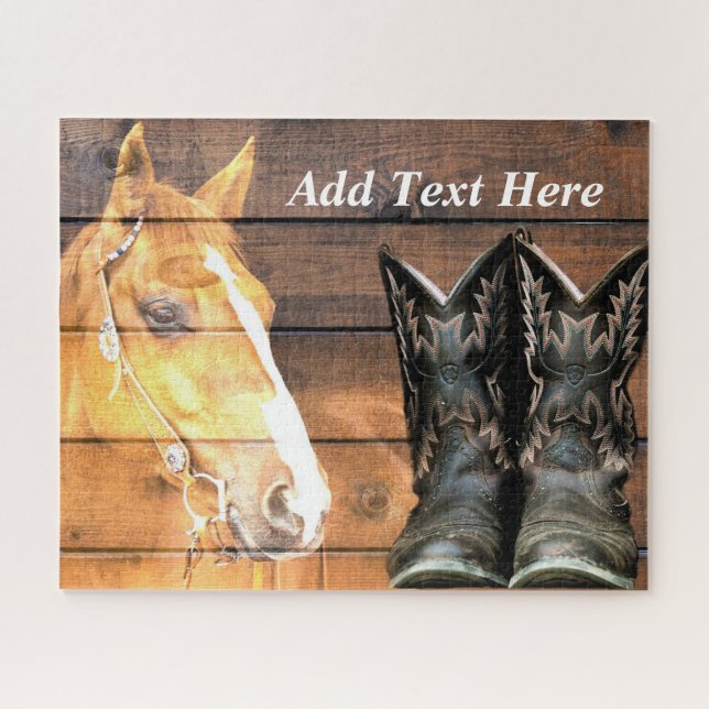 Horse Cowboy Boots Rustic Barn Board Jigsaw Puzzle (Horizontal)