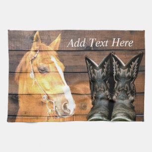 Horse Cowboy Boots Rustic Barn Board Kitchen Towel