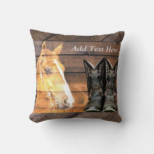 Horse Cowboy Boots Rustic Barn Board Throw Pillow