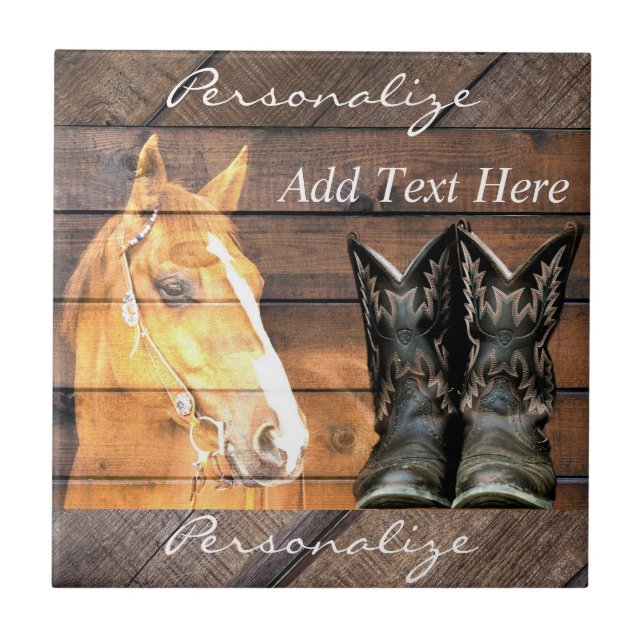 Horse Cowboy Boots Rustic Barn Board Tile (Front)