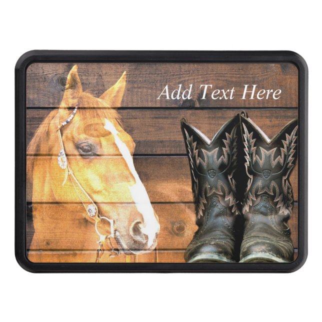 Horse Cowboy Boots Rustic Barn Board Trailer Hitch Cover (Front)