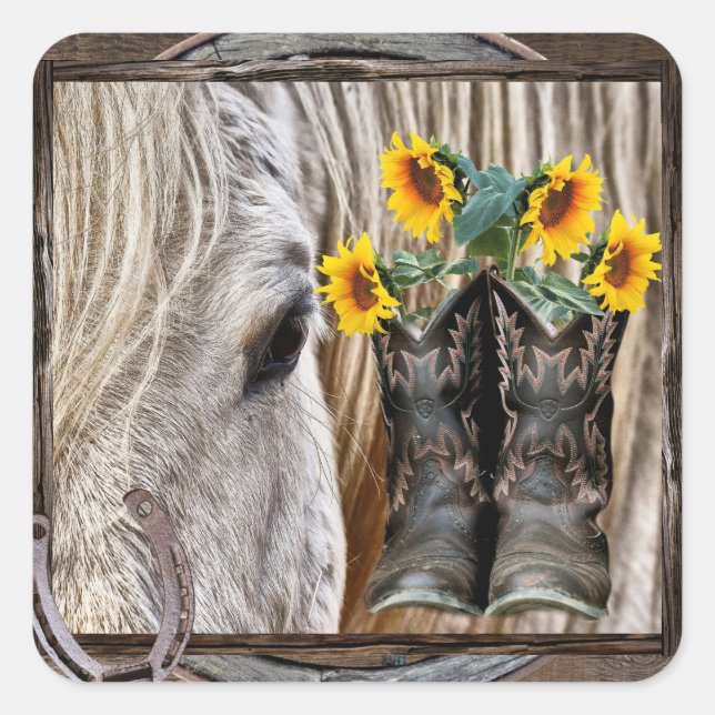 Horse Cowboy Boots Sunflowers Horseshoe  Square Sticker (Front)