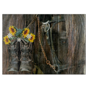 Horse Cowboy Boots Sunflowers Rustic Barn Board
