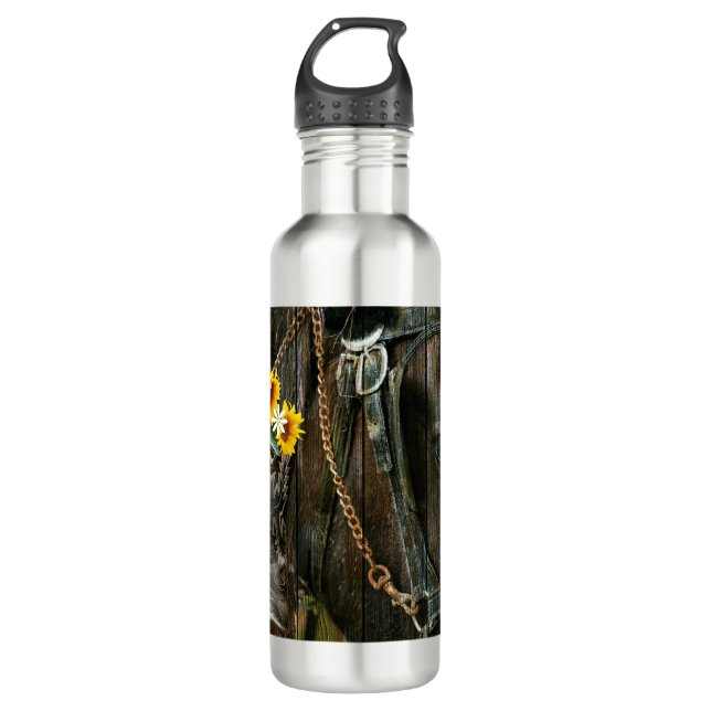 Horse Cowboy Boots Sunflowers Rustic Barn Board 710 Ml Water Bottle (Front)