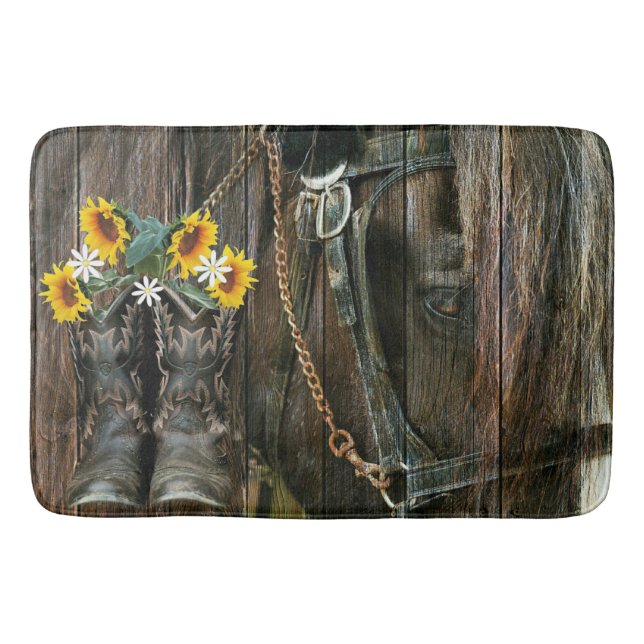 Horse Cowboy Boots Sunflowers Rustic Barn Board Bath Mat (Front)