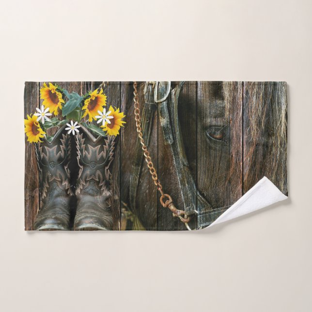 Horse Cowboy Boots Sunflowers Rustic Barn Board Hand Towel (Hand Towel)