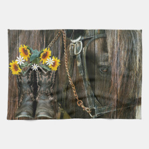 Horse Cowboy Boots Sunflowers Rustic Barn Board Kitchen Towel