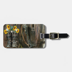 Horse Cowboy Boots Sunflowers Rustic Barn Board Luggage Tag