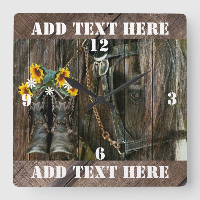 Horse Cowboy Boots Sunflowers Rustic Barn Board Square Wall Clock (Front)