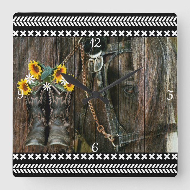 Horse Cowboy Boots Sunflowers Rustic Barn Board Square Wall Clock (Front)