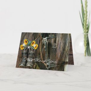 Horse Cowboy Boots Sunflowers Rustic Barn Board Thank You Card