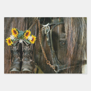 Horse Cowboy Boots Sunflowers Rustic Barn Board Wrapping Paper Sheet