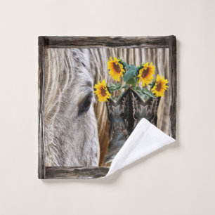Horse Cowboy Boots Sunflowers Wash Cloth