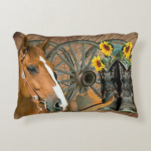 Horse Cowboy Boots Wagon Wheel Sunflowers Western Accent Pillow