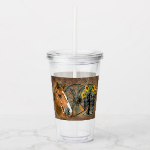Horse Cowboy Boots Wagon Wheel Sunflowers Western Acrylic Tumbler