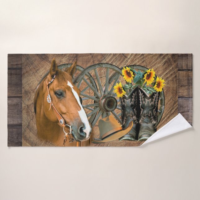 Horse Cowboy Boots Wagon Wheel Sunflowers Western Bath Towel (Bath Towel)