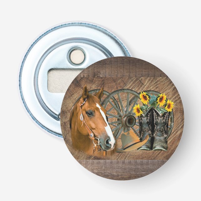 Horse Cowboy Boots Wagon Wheel Sunflowers Western Bottle Opener (Front)