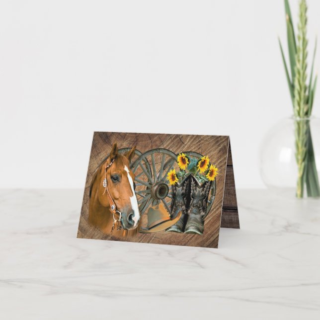 Horse Cowboy Boots Wagon Wheel Sunflowers Western  Card (Front)