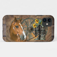 Horse Cowboy Boots Wagon Wheel Sunflowers Western