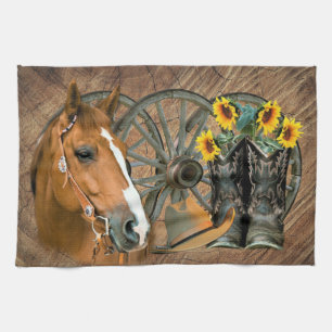 Horse Cowboy Boots Wagon Wheel Sunflowers Western Kitchen Towel