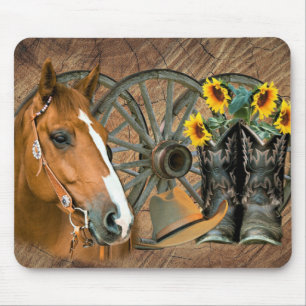 Horse Cowboy Boots Wagon Wheel Sunflowers Western Mouse Pad