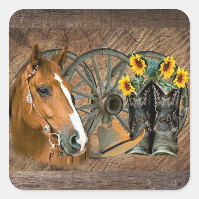 Horse Cowboy Boots Wagon Wheel Sunflowers Western Square Sticker (Front)