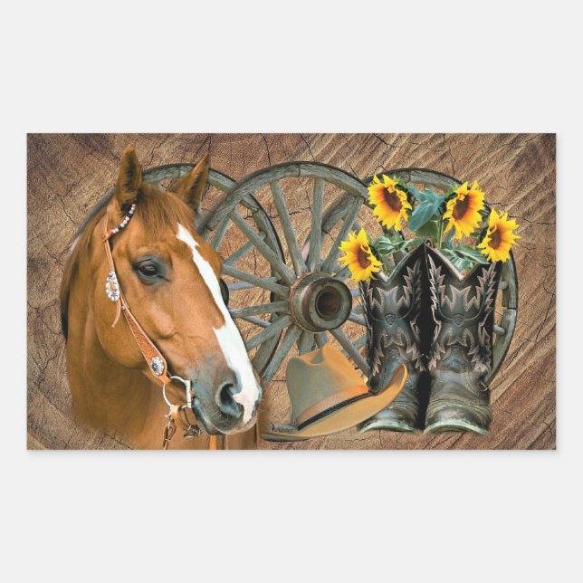 Horse Cowboy Boots Wagon Wheel Sunflowers Western Sticker (Front)