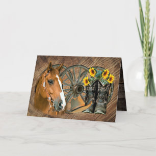 Horse Cowboy Boots Wagon Wheel Sunflowers Western Thank You Card